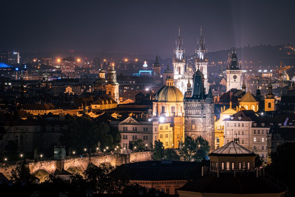 View of Charles Bridge at night from Petřín