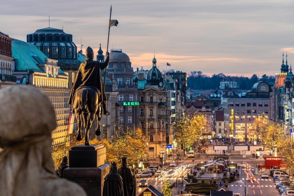Statue of Saint Wenceslas overlooking Wenceslas Square.